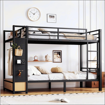 Lit superposé en métal simple TG sur simple TG avec tablettes de rangement, tiroirs et panneau perforé pour adolescents, maximisant l'espace et l'organisation