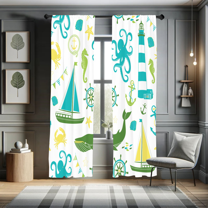 Rideaux nautiques Breakwater Bay, phare pastel, paire de, Bleu / Vert, L 28 po x L 63 po