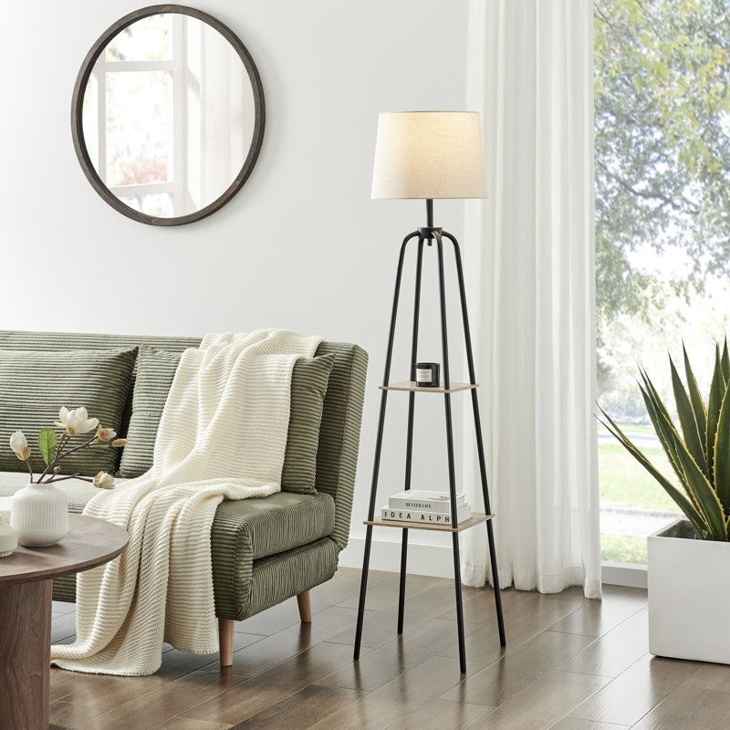 Keisha Black & Wooden Tripod-Style Standing Floor Lamp with Storage Shelves - Elegant Simple Design