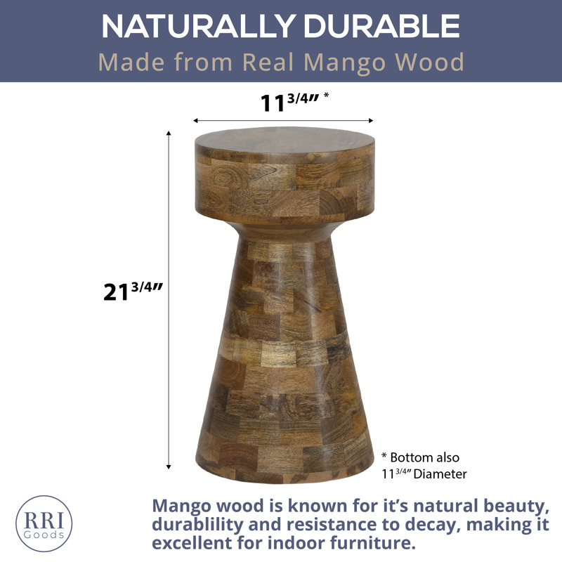 Table d'appoint fabriquée à la main en bois de manguier avec motif de carreaux patchwork et finition naturelle - hauteur 21,75 po