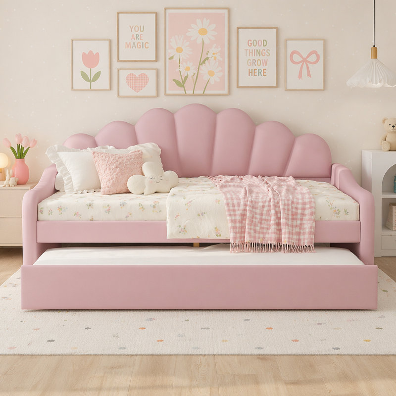 Full Size Upholstery Daybed Frame with Trundle, Pink