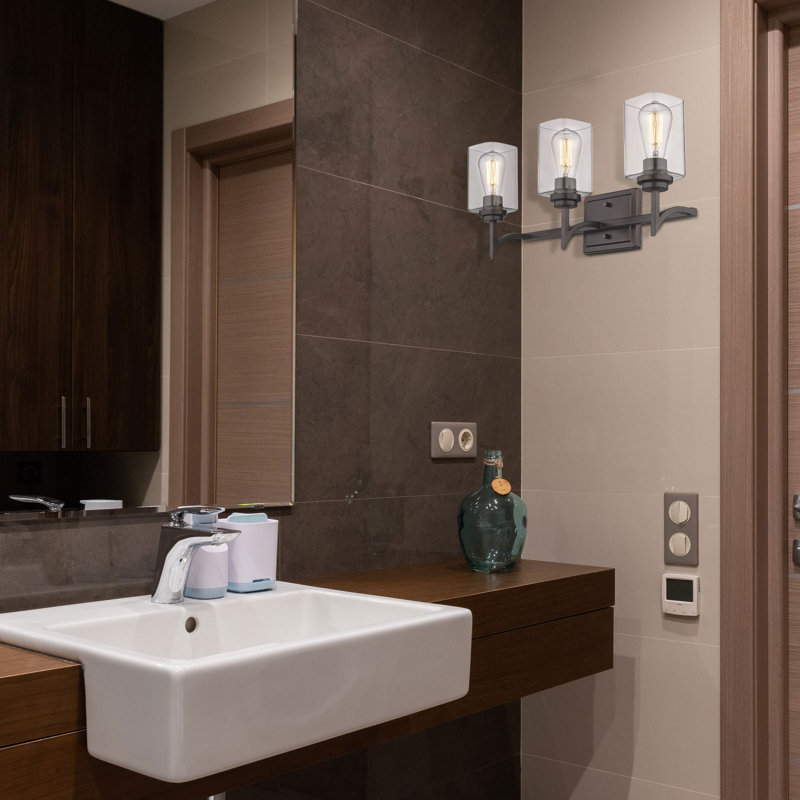 Applique murale carrée en verre transparent 3 lumières pour meuble-lavabo 3 lumières, Bronze frotté à l'huile