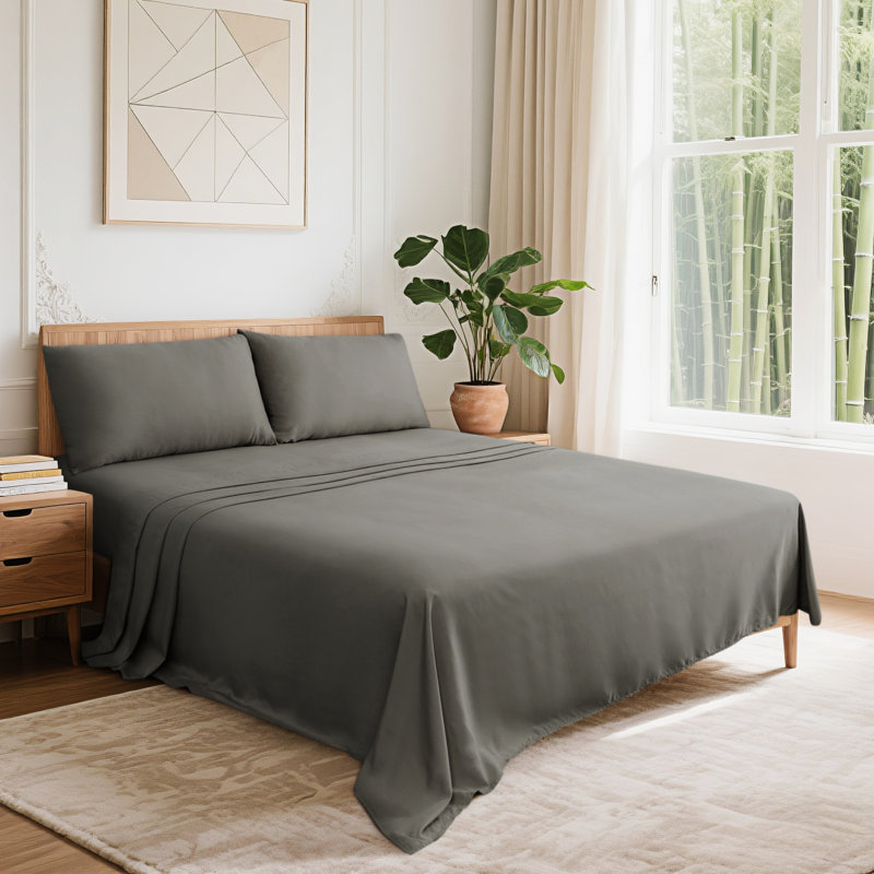 Ensemble de draps 100% viscose, gris, Ensemble de draps pour grand lit avec 2 taies d'or
