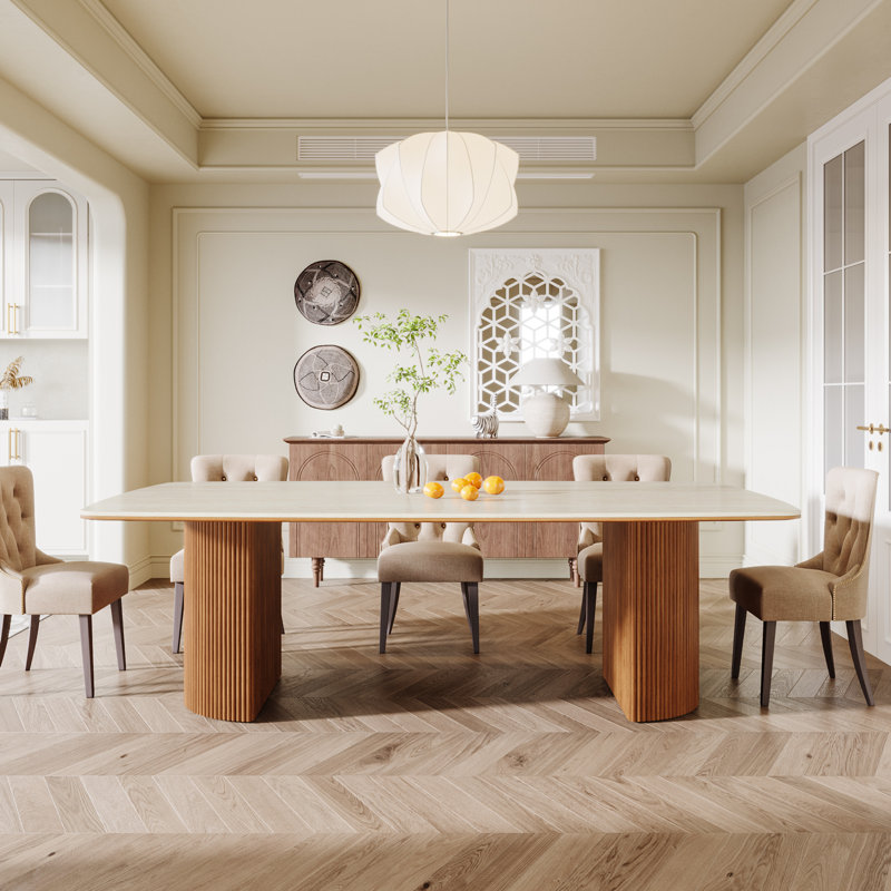 Dining Table With Unique Travertine Slab Top And Semi-Circular Stripe Base （1 item 2 packages）