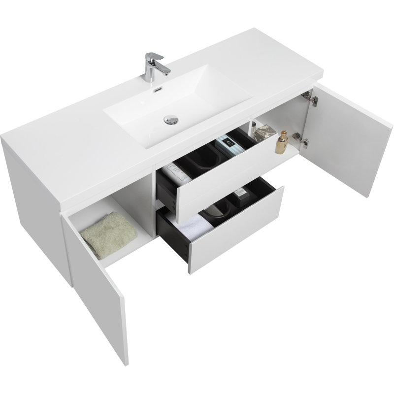 Meuble-lavabo flottant avec lavabo, mural et peu encombrant, idéal pour les salles de bain modernes.