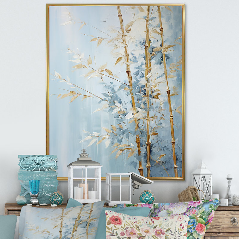 Or et bambou bleu sur toile, H 44 po x l 34 po x P 1,5 po, Cadre flottant doré