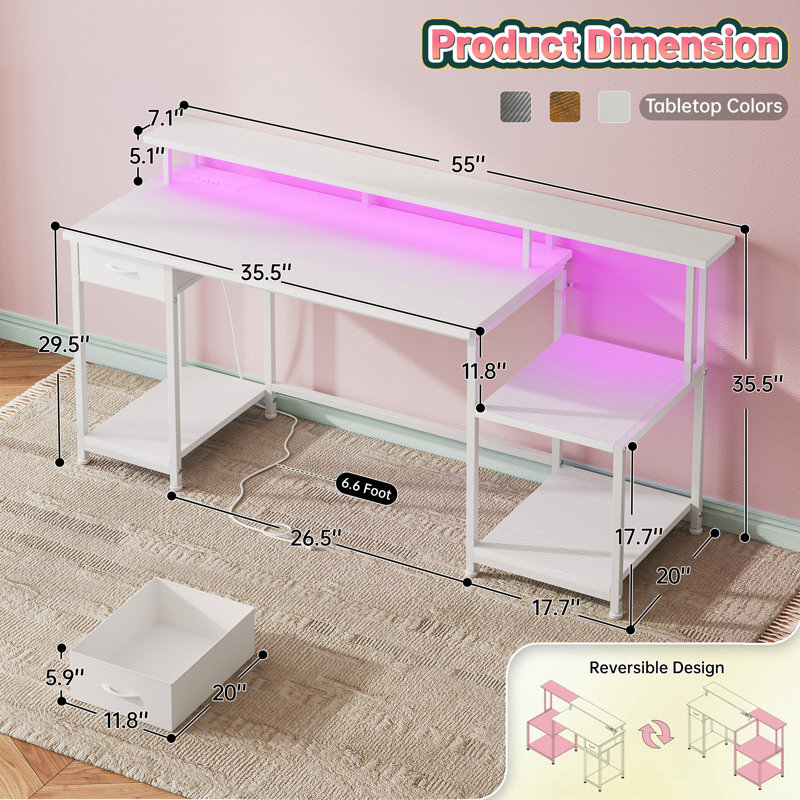 55"W Home Office Computer Desk With Drawers & Printer Shelf,Gaming Desk With Monitor Stand & LED Lights,Writing Desk With Power Outlets