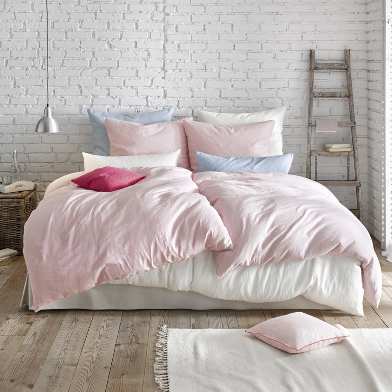 Halbleinen Provence Cotton Blend, Linen Solid Colour Duvet Cover Set with Pillow Shams, Dark Pink