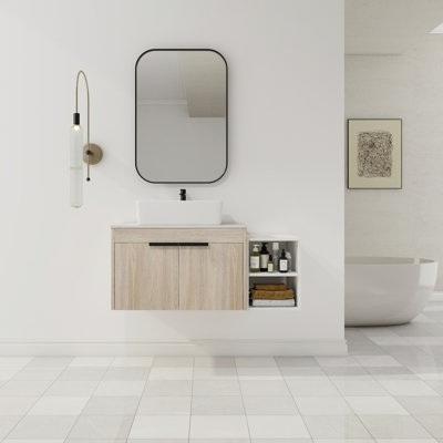 Meuble-lavabo flottant de conception moderne avec lavabo d'art en céramique, dalle de pierre plate blanche et petites tablettes de rangement, porte à fermeture douce, ensemble KD