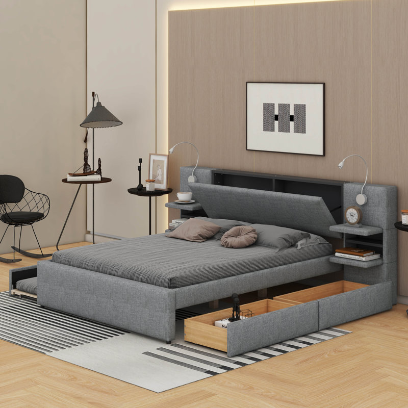 Grand lit plateforme tapissier avec lumières de lecture, lit gigogne et tablettes, Gris