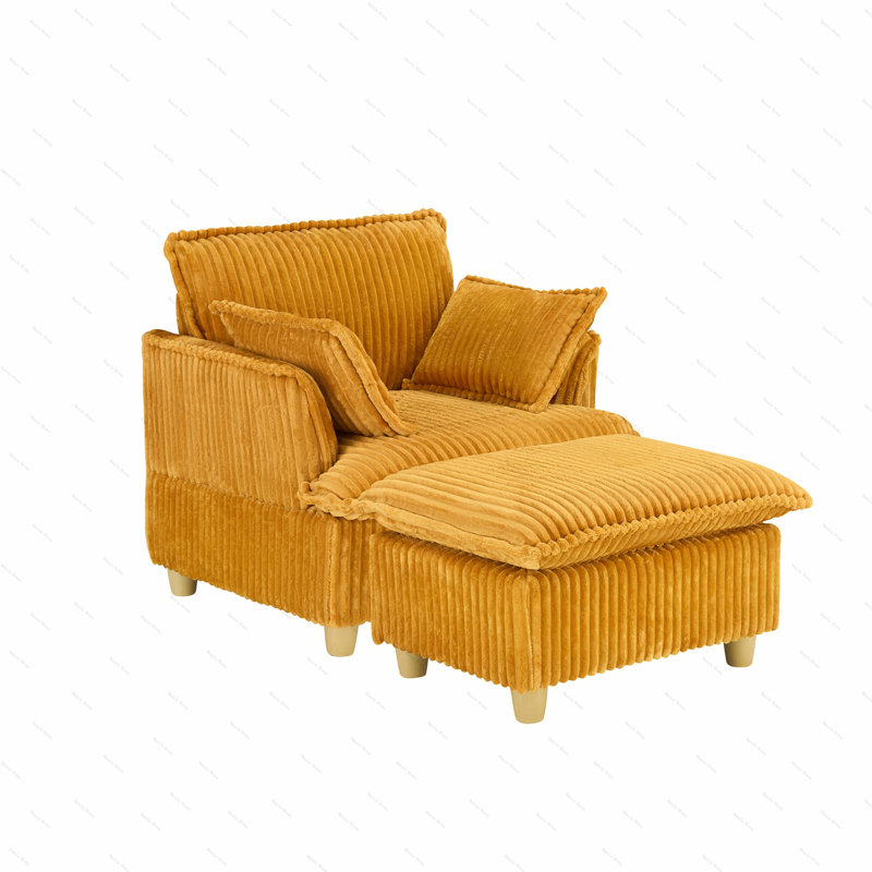 This single-seat corduroy sofa comes with an ottoman and throw pillows. It's perfect for sitting or lying down comfortably in the living room, on the balcony, or in the study
