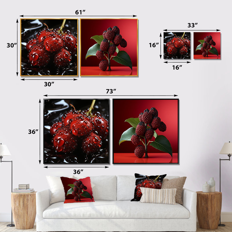 Fruits, juteuse et framboise Delight I - fruits, ensemble de 2 reproductions d'art mural, Cadre flottant brun