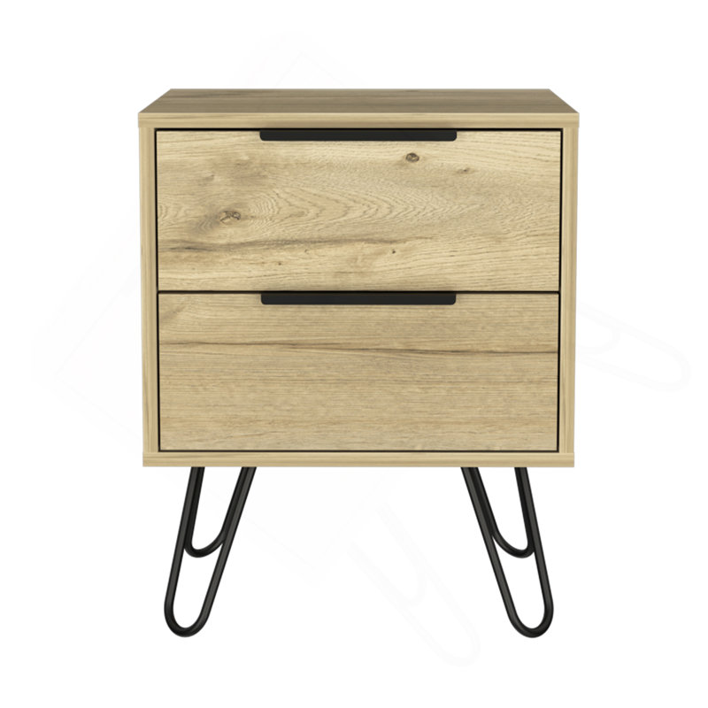 Nuvo Nightstand,Two Drawers, Hairpin Legs, Light Oak