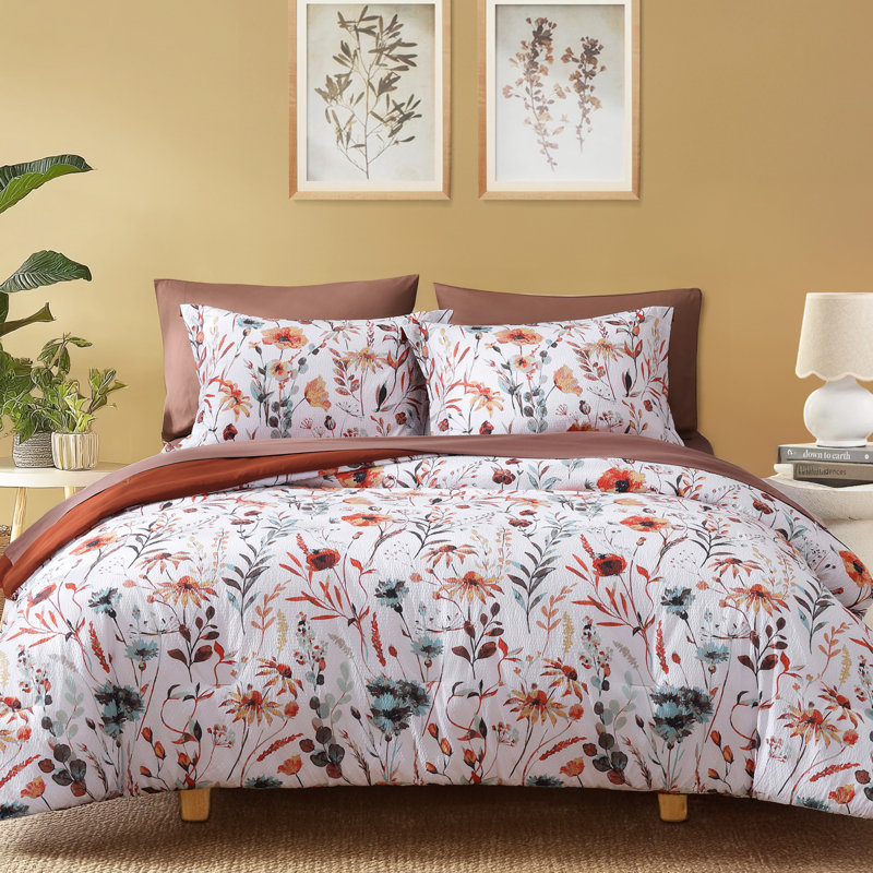 Comforter Set, Comforter Set with Pattern, Soft Seersucker Design All Season Microfiber Bedding Set, White/Terracotta Floral