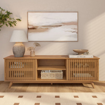 Meuble télé Mid-Century moderne en bois massif, 2 portes avec tablette centrale (1495 x 406 x 482 mm / 59 x 16 x 19 po)