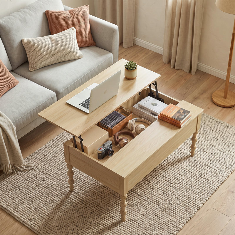 Lift-Top Coffee Table with Hidden Storage - 100cm Wide Oak Effect Wooden Table