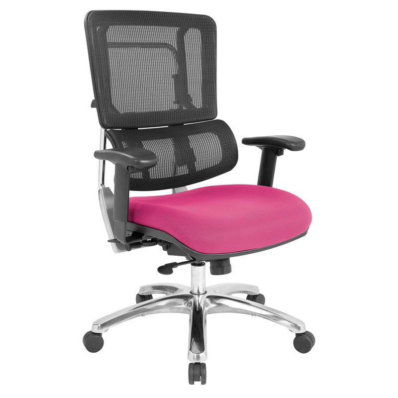 Chaise de travail ergonomique Pro-Line II, Aluminium poli, Tissu en filet rose / noir
