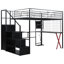 Lit mezzanine double en métal avec poste de travail intégré, garde-robe, escalier de rangement et DEL, noir