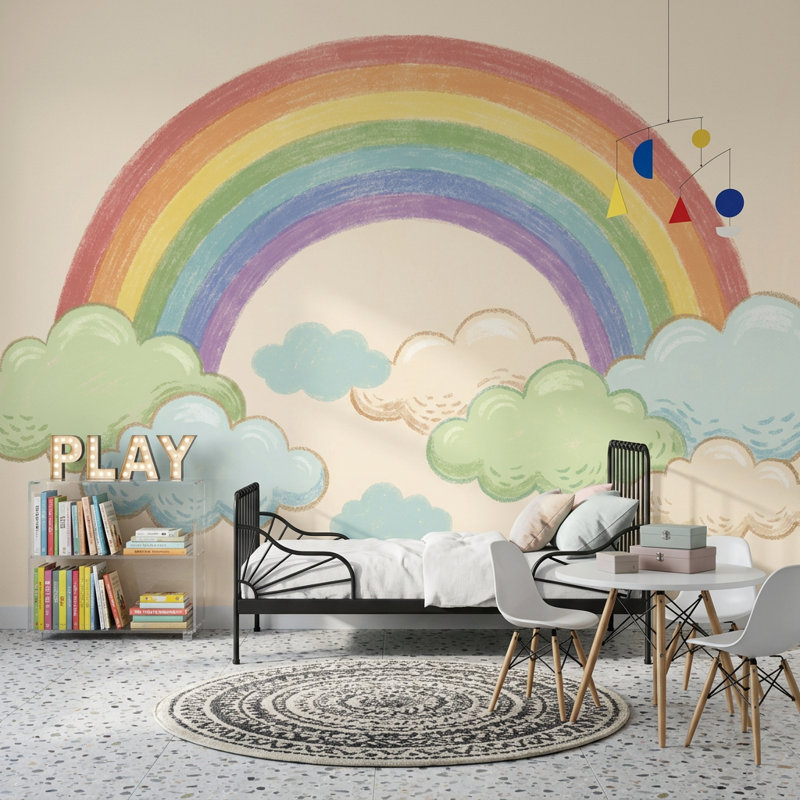 Papier peint pastel arc-en-ciel avec nuages, 160 po x 108 po, Peler et coller