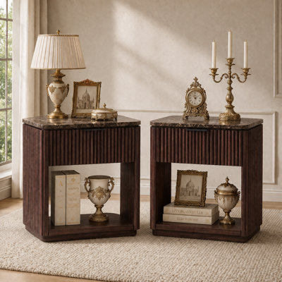 Fluted Nightstand Set of 2 With Faux Marble Top & 2" Thick Panels, 3-Sided Fluted Bedside Table Round Corner