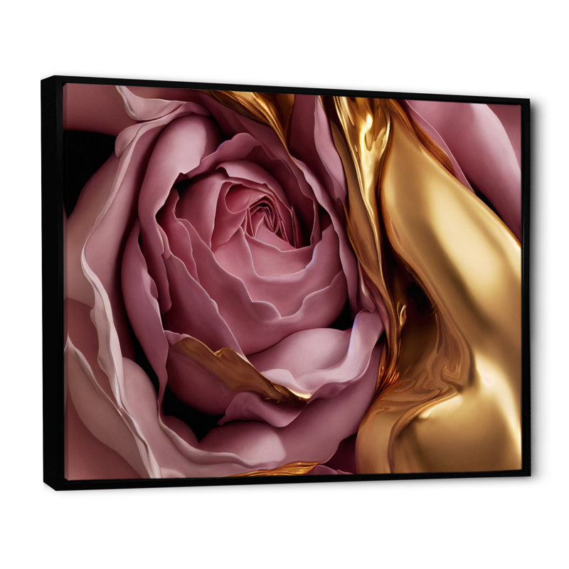 Exquise rose et doré Glam Roses I - impression, Cadre flottant noir, H 24 po x l 32 po x P 1 po