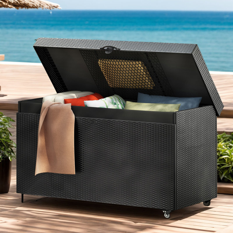 200 Gallon Wicker Deck Box With Wheels, All-Weather Outdoor Storage For Patio, Pool, And Garden Tools, Black