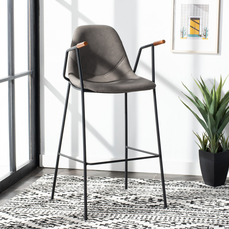 Ash Gray Leather and Metal Mid Century Bar Stool