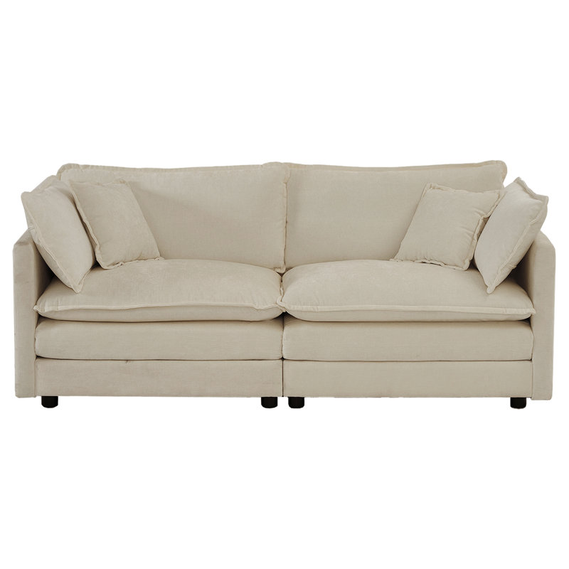 Espace de vie moderne en chenille beige - Base en bois massif et luxueux siège haut en tissu 2 places avec coussins, canapé 4 coussins, structure, matériau respirant de qualité supérieure, zone de confort