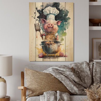 Joli cochon avec toque I - impression sans cadre sur bois