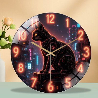 Cyberpunk Cat Wall Clock Neon Art Decor Art - 12'' Modern Glass Wall Clock