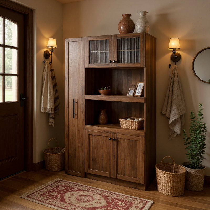 Armoire décorative Farmhouse avec rangement coulissant extensible, portes en verre et rangement à plusieurs niveaux, Noir