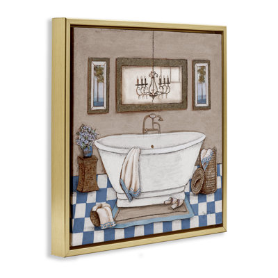 Cadre flottant à carreaux pour salle de bain et lustre, design par Janet Tava