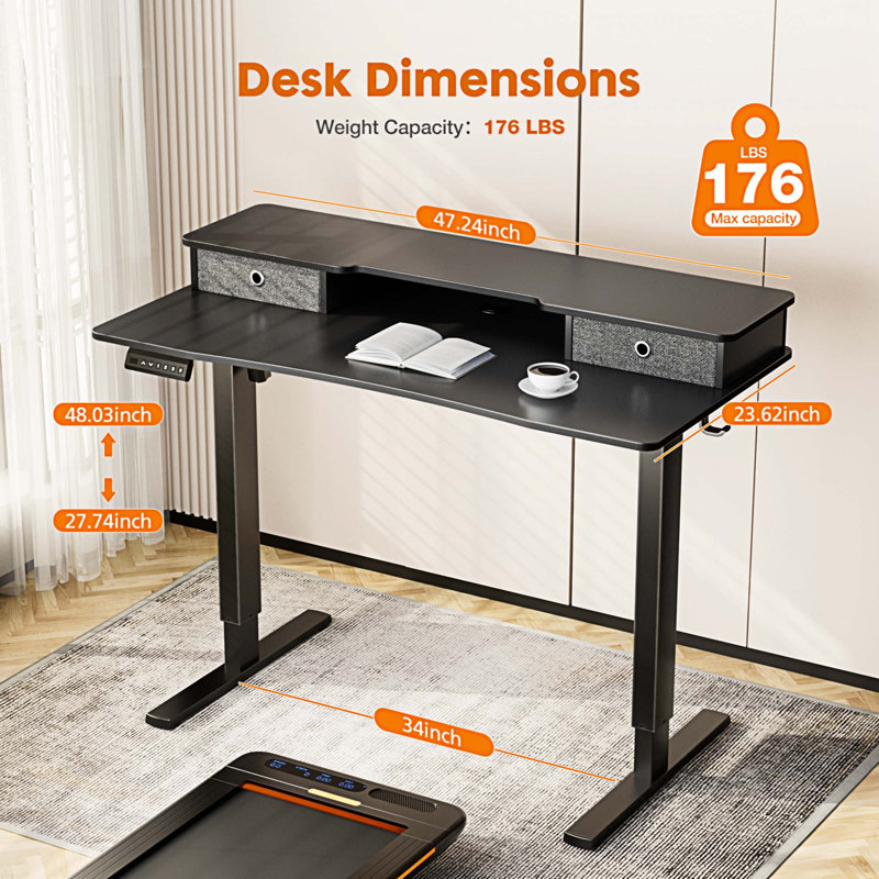 Bureau debout à hauteur ajustable Marzena, H 52 po x l 48 po x P 23 po, Noir / Noir