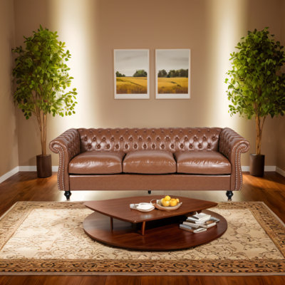 Modern Sofa 84.50'' Mid Century Cognac Brown 3-Seater Sofa, PU, Classic Retro Sofa With Rolled Arms – Modern, Elegant, And Comfortable Couch, Perfect For Living Room, Office, Bedroom, Primary Living Spaces