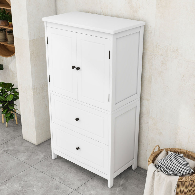 Armoire de salle de bain autoportante en bois avec tiroirs de rangement et tablette réglable Onsted, Blanc