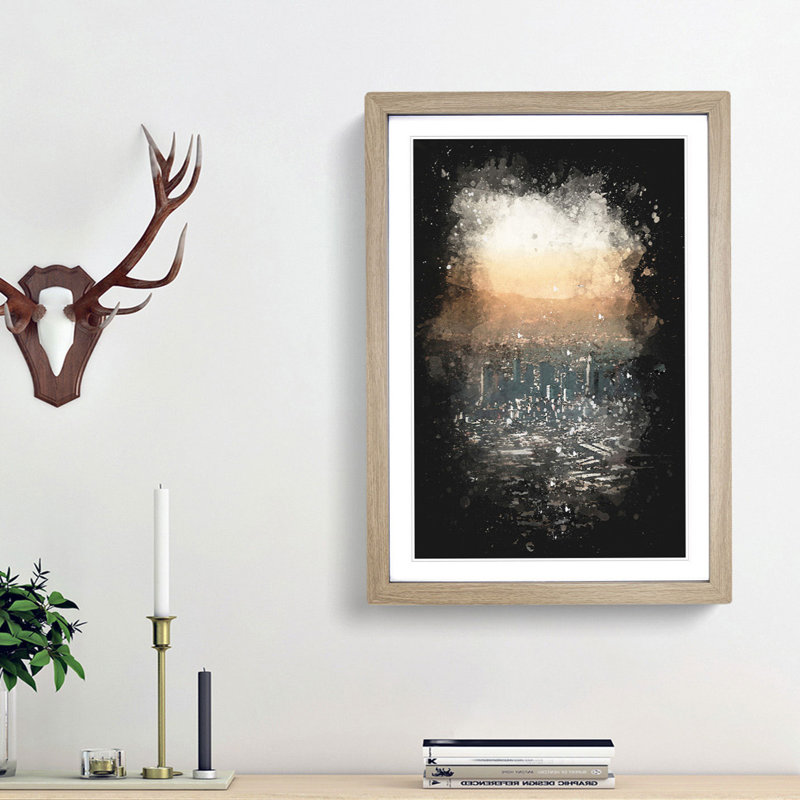 High Over The Los Angeles Skyline Paint Splash - Picture Frame Graphic Art, 45cm H x 33cm W x 2cm D, Oak Framed