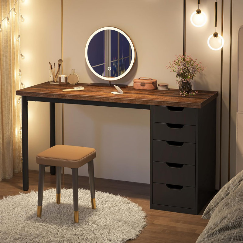 Bureau d'ordinateur 47 po avec 5 tiroirs et armoire réversible, bureau rustique brun et noir avec rangement, table d'écriture moderne pour petits espaces