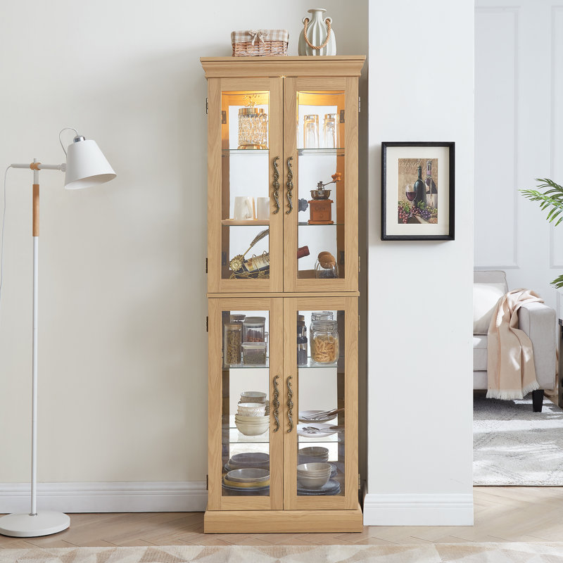Vitrine lumineuse en verre avec tablettes réglables, poignées rétro et éclairage intérieur pour un rangement élégant