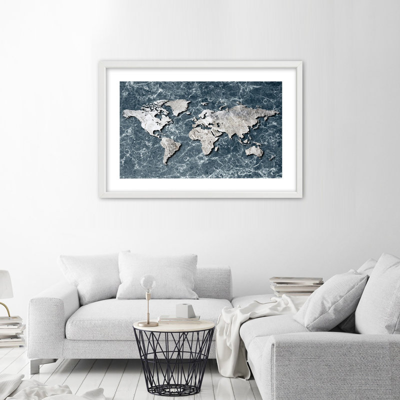 World Map in Marble Grey 1 Piece Single Picture Frame Wall Art, 60cm H x 90cm W, White