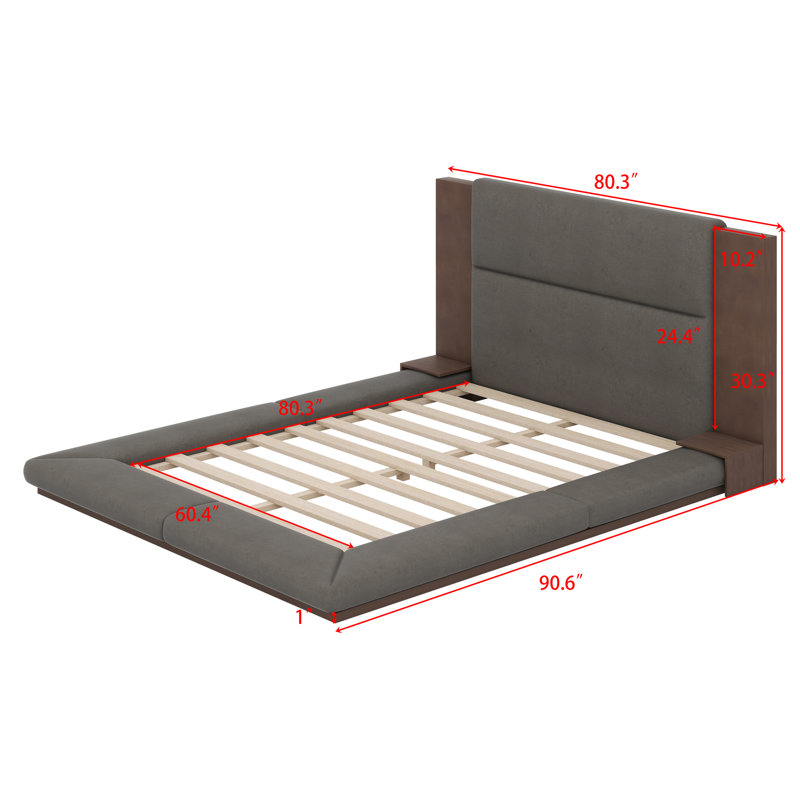 Floor Upholstered Platform Bed With Extended Wood Headboard & Bedside Shelf