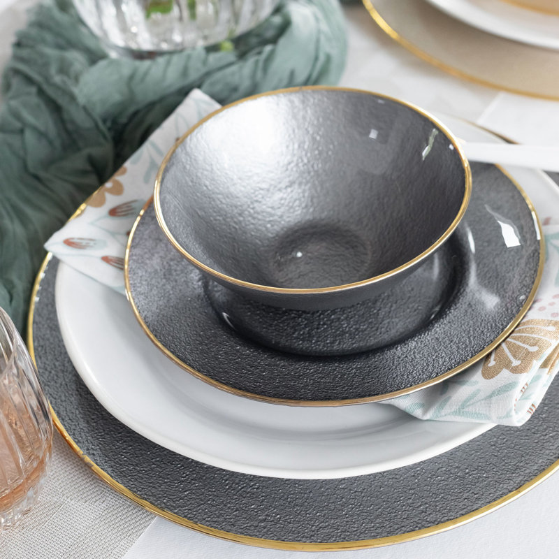 Gray Glass Charger Plate with Gold Embellishment