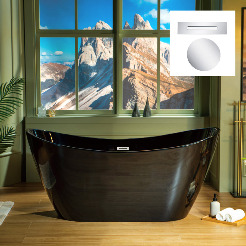 Baignoire de trempage autoportante en acrylique à double fond antidérapant 59 po x 28,75 po Vital, Chrome, Noir lustré