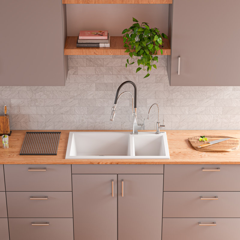 33.88'' L Double Bowl Granite Kitchen Sink, White