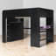 Lit mezzanine pleine grandeur avec bureau réglable et lumières RVB, tablettes de rangement et garde-robe ouverte, contemporain, chambre d'enfant-131181669