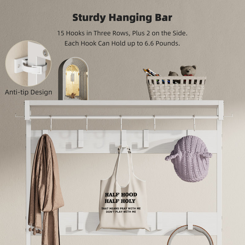 Hall Tree, Coat Rack with 17 Hooks & 2 Drawers, 6 in 1 Design Entryway Bench, Shoe Rack Hanging Rod