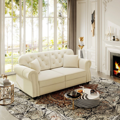 Canapé Chesterfield avec garniture cloutée, accoudoirs roulés, canapé capitonné avec 2 coussins