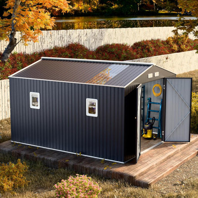 Remise de rangement en métal 10 x 10 pi avec structure de plancher très grande maison de rangement imperméable avec fenêtres de toit transparentes pour évent de jardin, tondeuse à gazon, gris foncé