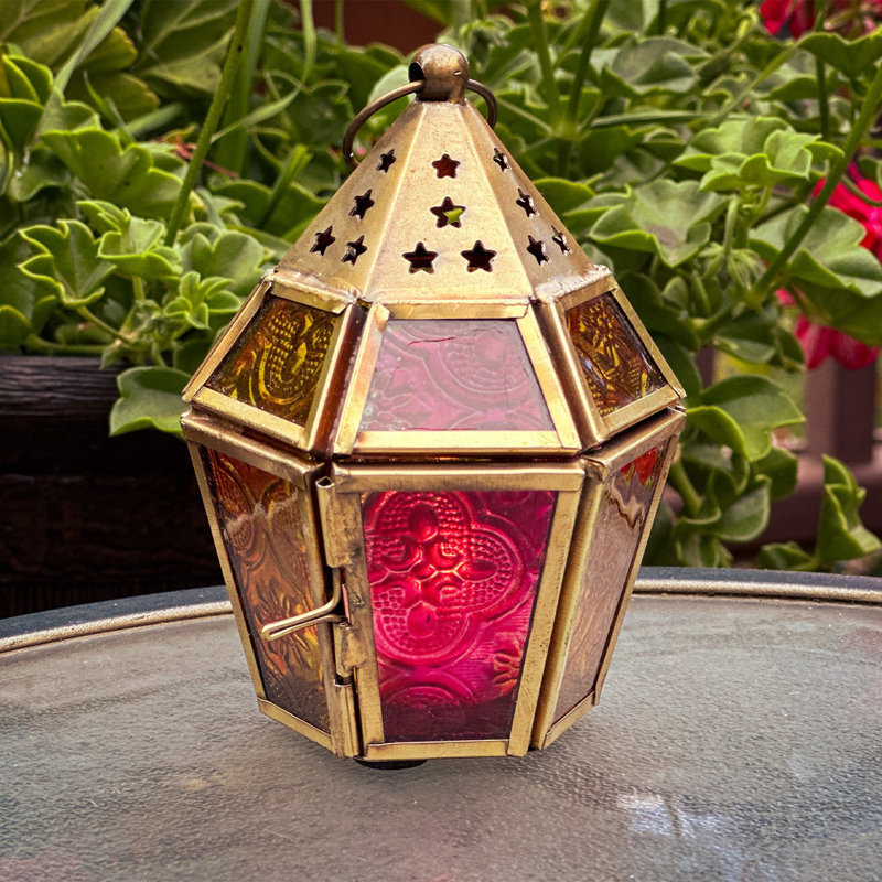 Mini lanterne hexagonale en verre, Jaune / Rose