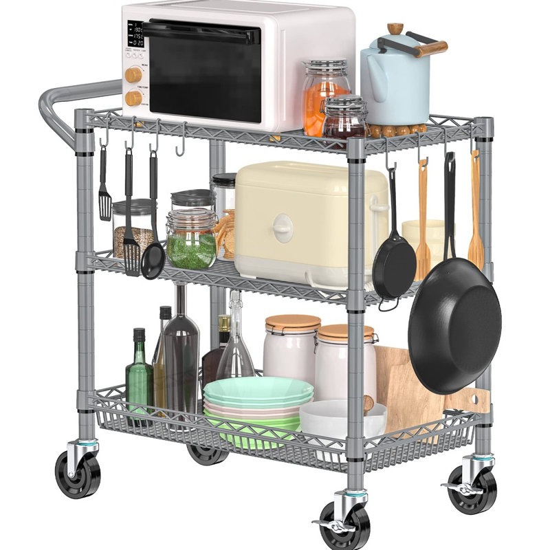 3-Tier Commercial-Grade Heavy-Duty Metal Rolling Cart — Storage Cart with Handle and Shelf Liners