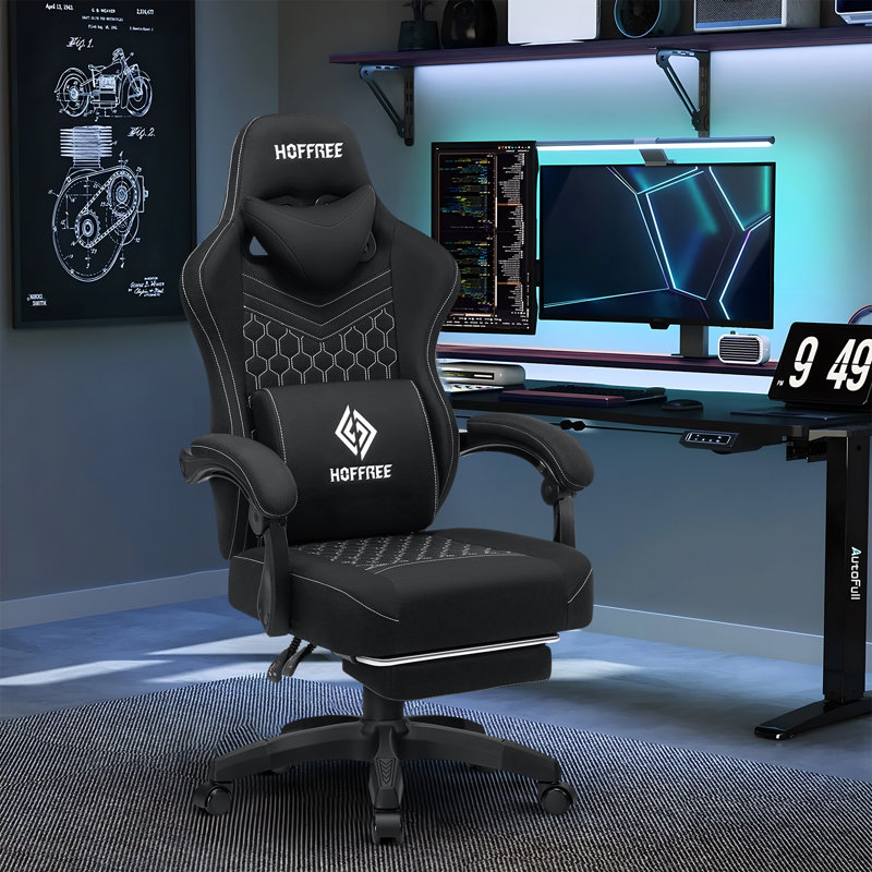 Reclining Ergonomic Fabric PC & Racing Game Chair with Vibration Lumbar Pillow, Black